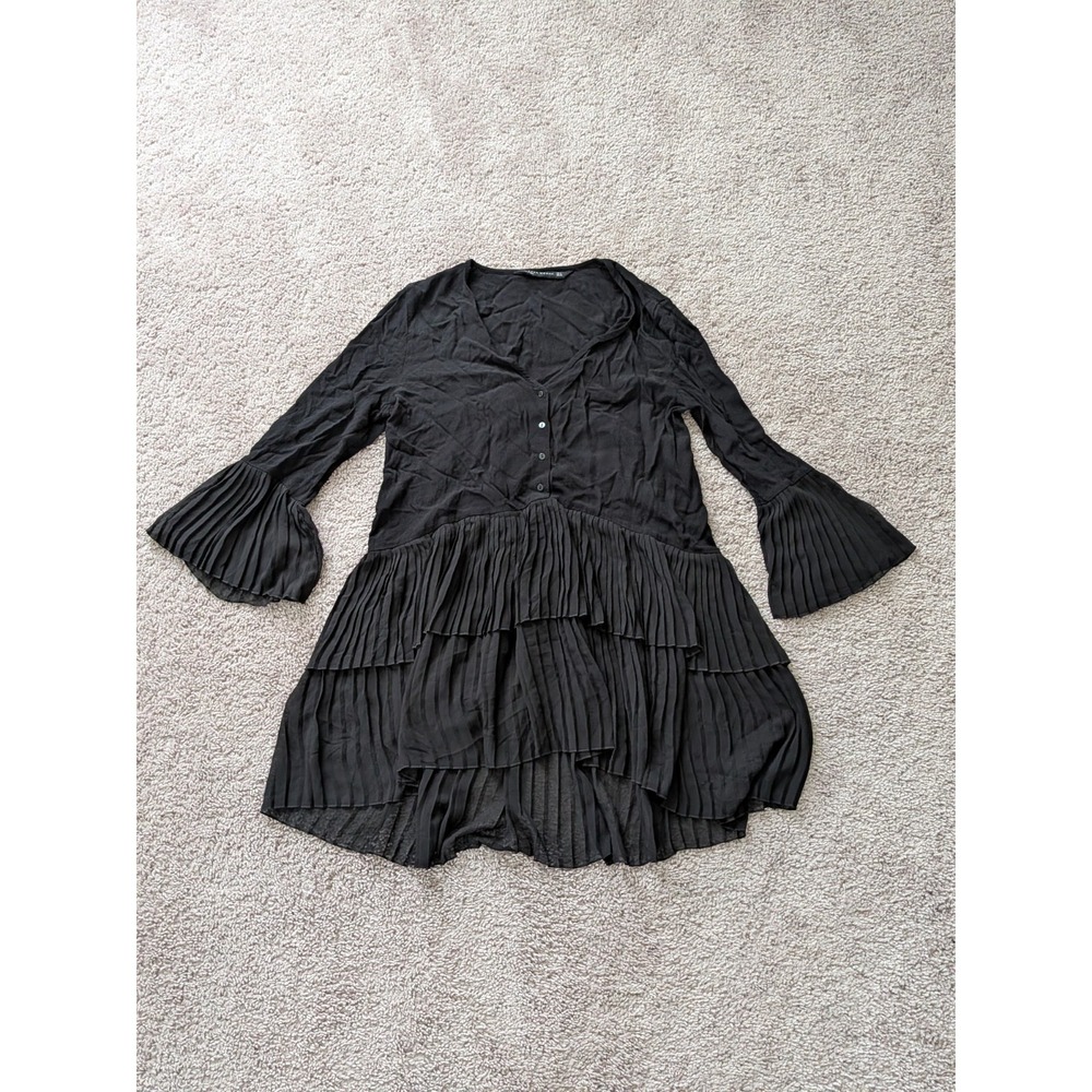 Zara Woman Tiered Pleated Chiffon Black Tunic Dress Size Small Buttons Flare